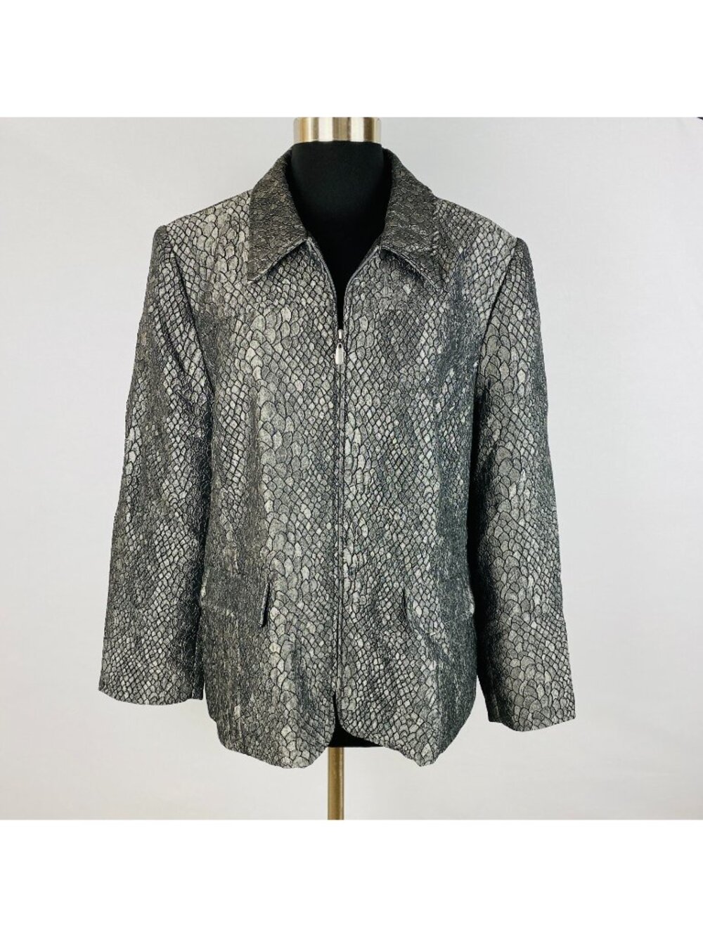 Alfred Dunner Jacket Blazer Womens Full Zipper Pewter Snakeskin 16